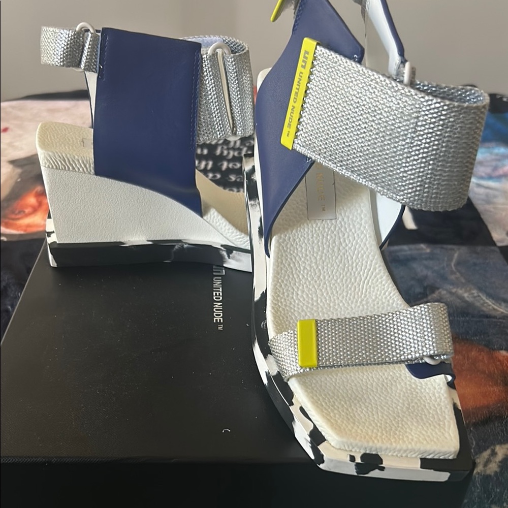 Stylish Women's Wedge Sandals - Blue and Silver